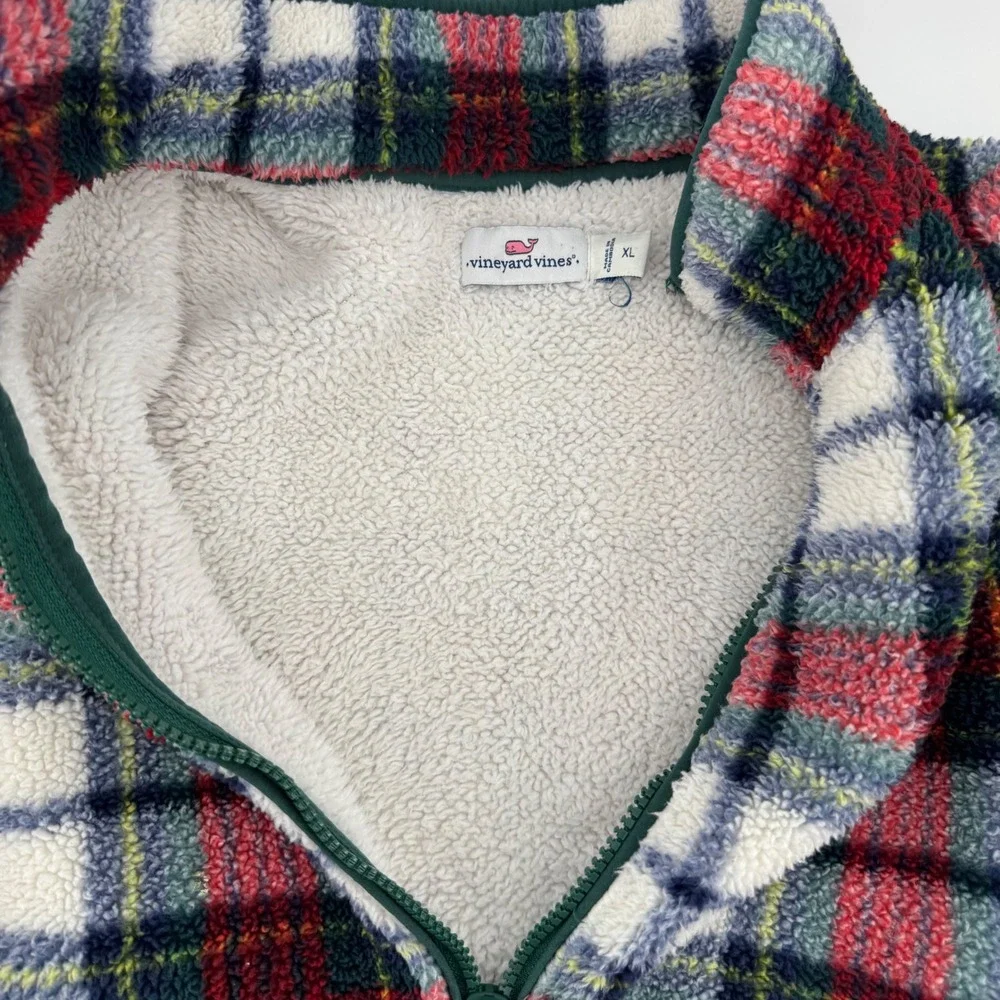 Vineyard Vines Women XL Plaid Sherpa Fleece Quarter Zip Pullover Red Green White - Picture 11 of 12